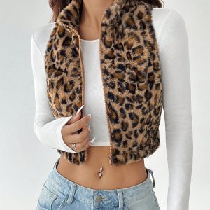 Women's Casual Leopard Print Sleeveless Fluffy Cropped Jacket For Autumn/Winter