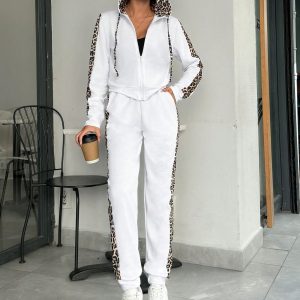 Leopard Print Colorblock Drawstring Line Sweatshirt Zipper Hoodie + Sweatpants Set