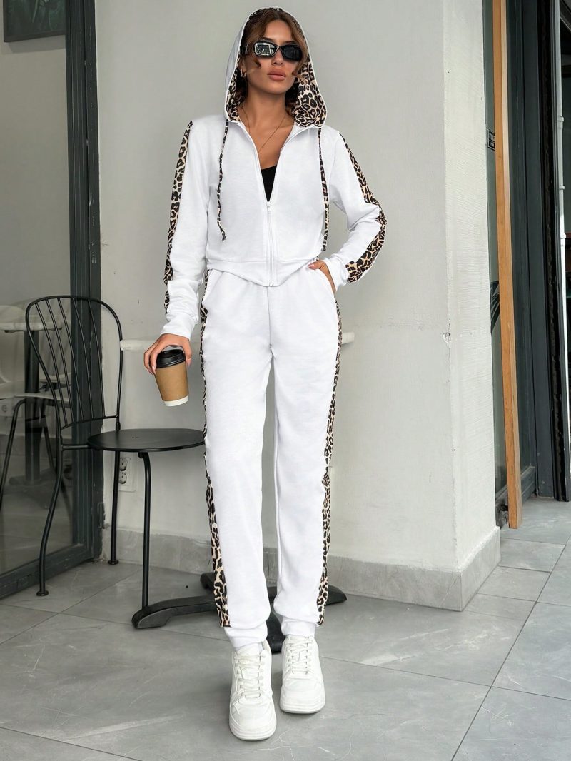 Leopard Print Colorblock Drawstring Line Sweatshirt Zipper Hoodie + Sweatpants Set