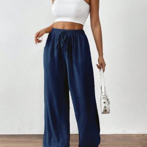 Women's Solid Color Tie Front Pocket Simple Style Long Pants, Casual Everyday Wear