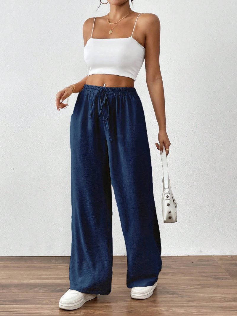 Women's Solid Color Tie Front Pocket Simple Style Long Pants, Casual Everyday Wear