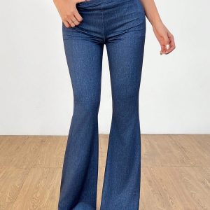 Denim Print Slim-Fitting Sexy Butt-Lifting Flared Pants With Gathered Back Waist