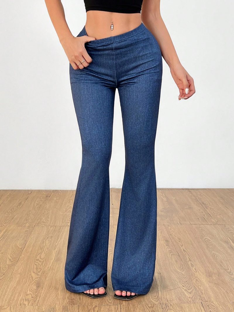 Denim Print Slim-Fitting Sexy Butt-Lifting Flared Pants With Gathered Back Waist