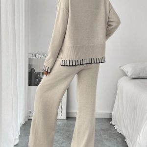 2pcs Women Casual Decorative Jacquard Loose Crew Neck Sweater And Pants Set, Autumn/Winter