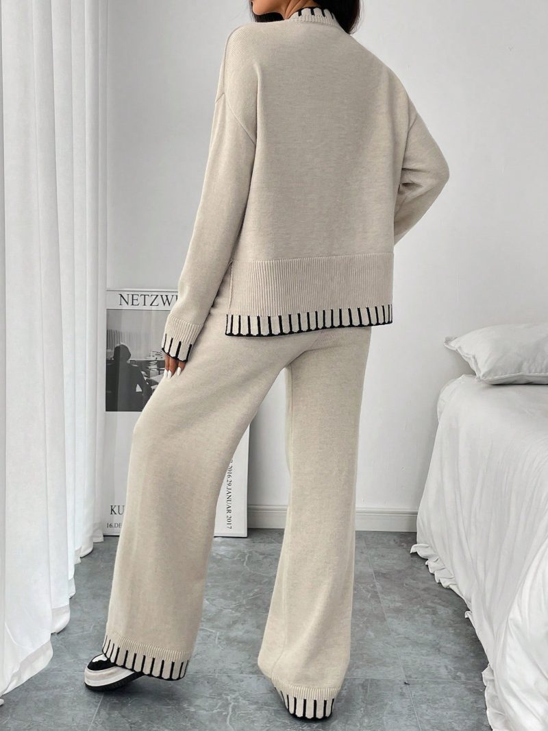 2pcs Women Casual Decorative Jacquard Loose Crew Neck Sweater And Pants Set, Autumn/Winter