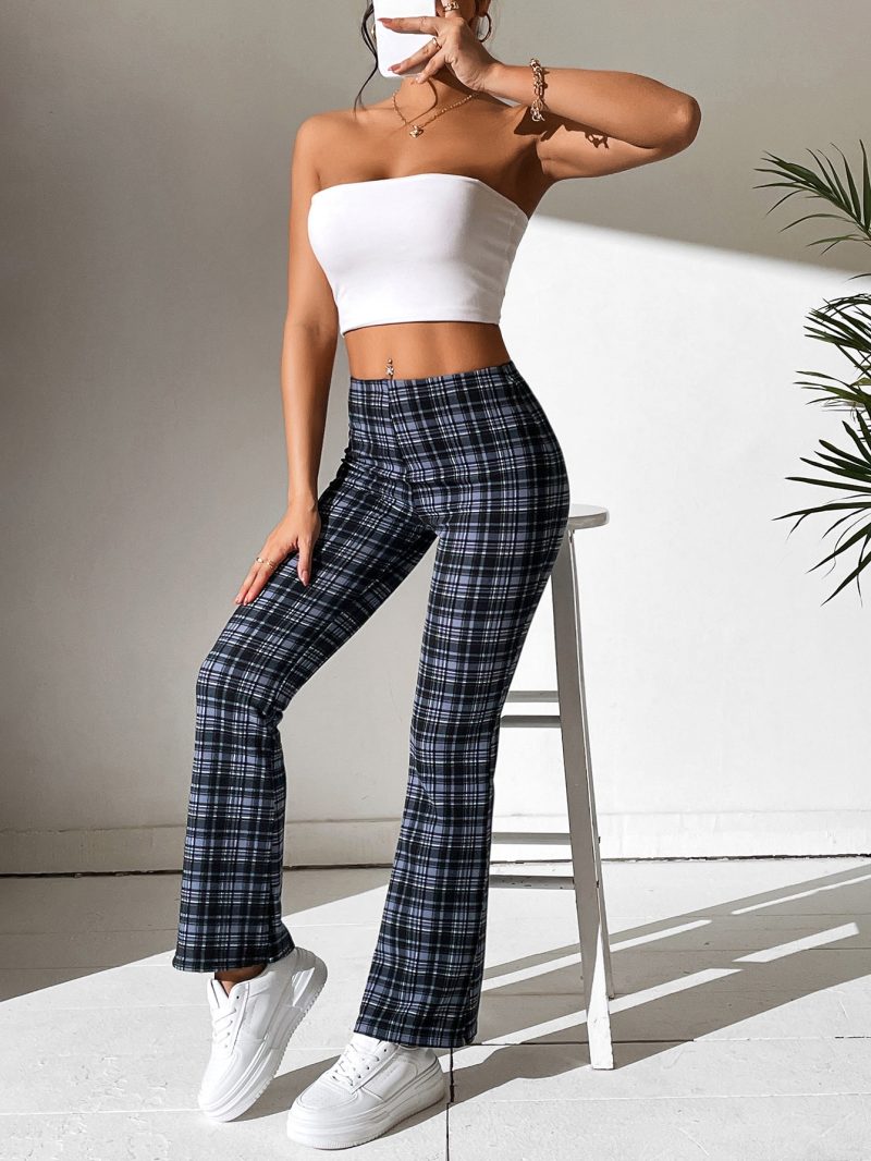 High Waist Plaid Flare Leg Pants