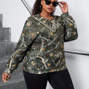 Plus Size Casual Branch Print Round Neck Sweatshirt, Autumn