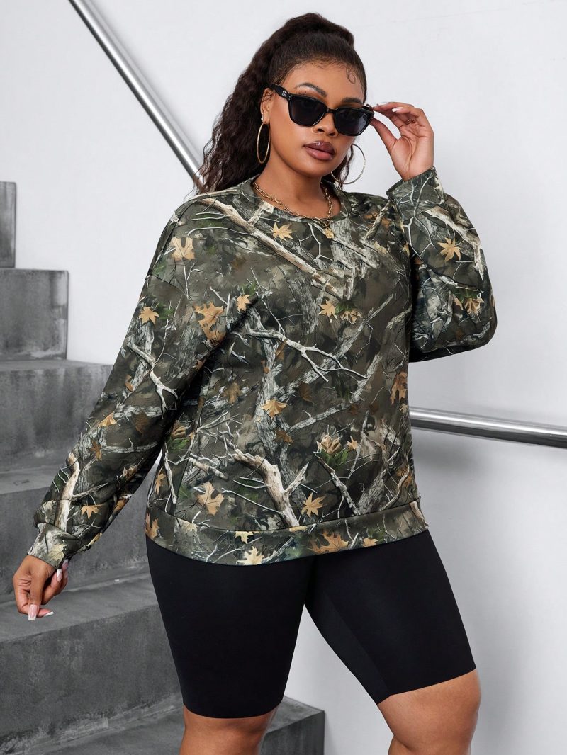 Plus Size Casual Branch Print Round Neck Sweatshirt, Autumn