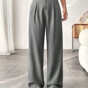 Women Solid Color Pocket Elegant Straight Leg Pants For Commuting