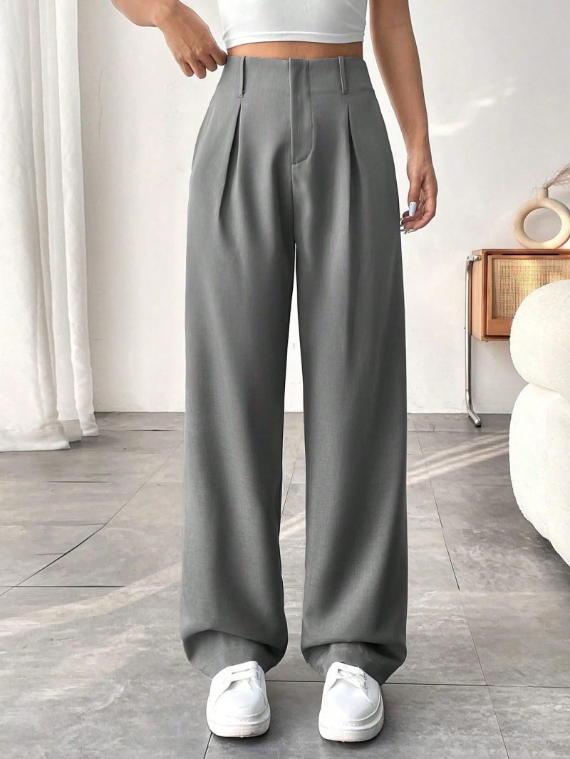 Women Solid Color Pocket Elegant Straight Leg Pants For Commuting