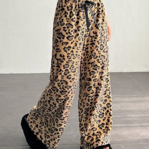 Women's Tie-Waist Fluffy Leopard Print Casual Wide Leg Baggy Pants