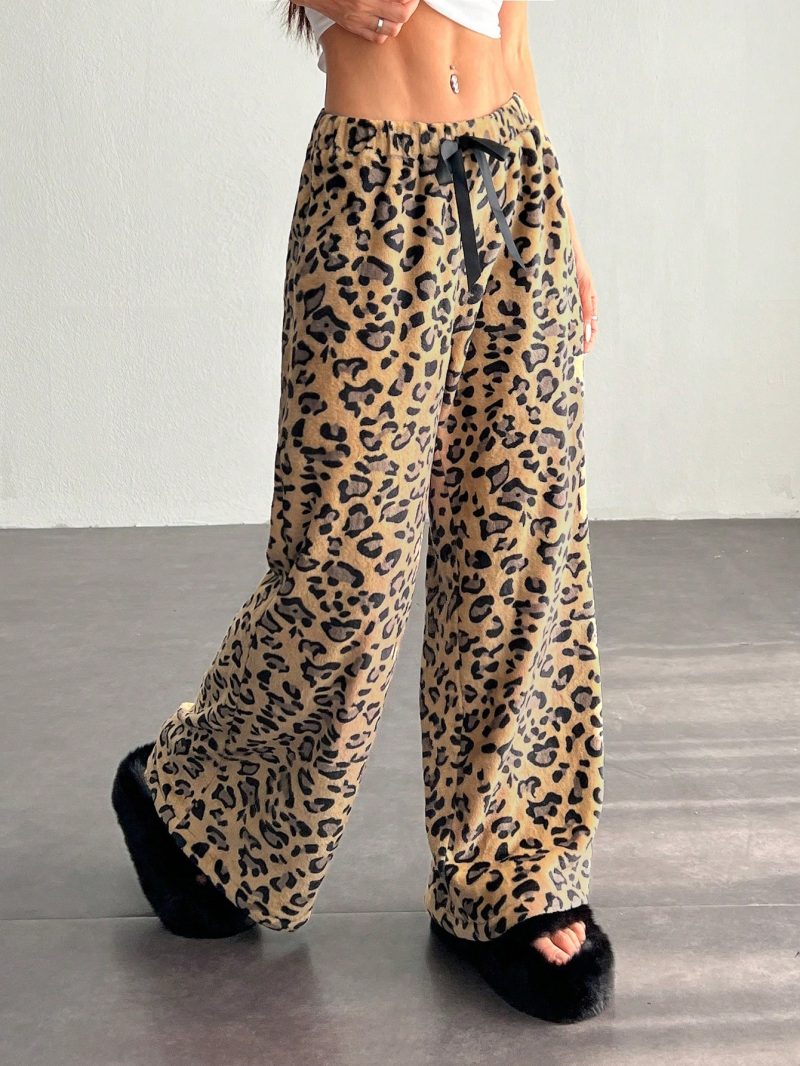 Women's Tie-Waist Fluffy Leopard Print Casual Wide Leg Baggy Pants