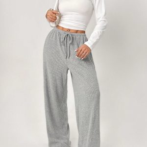 Striped Print Drawstring Waist Casual Straight Leg Pants