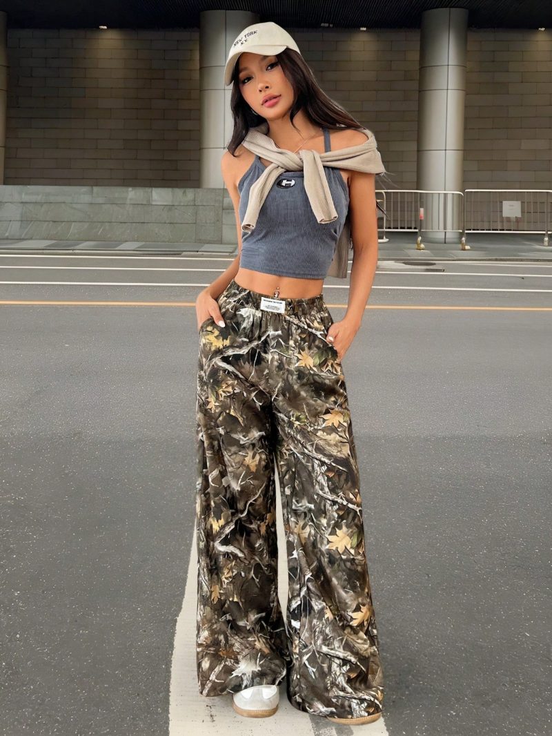 Fashionable Street Trend Camouflage Printed Low Waist Woven Women's Wide Leg Trousers