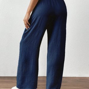 Women's Solid Color Tie Front Pocket Simple Style Long Pants, Casual Everyday Wear