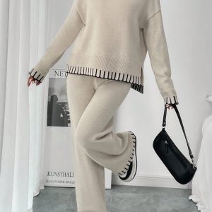 2pcs Women Casual Decorative Jacquard Loose Crew Neck Sweater And Pants Set, Autumn/Winter