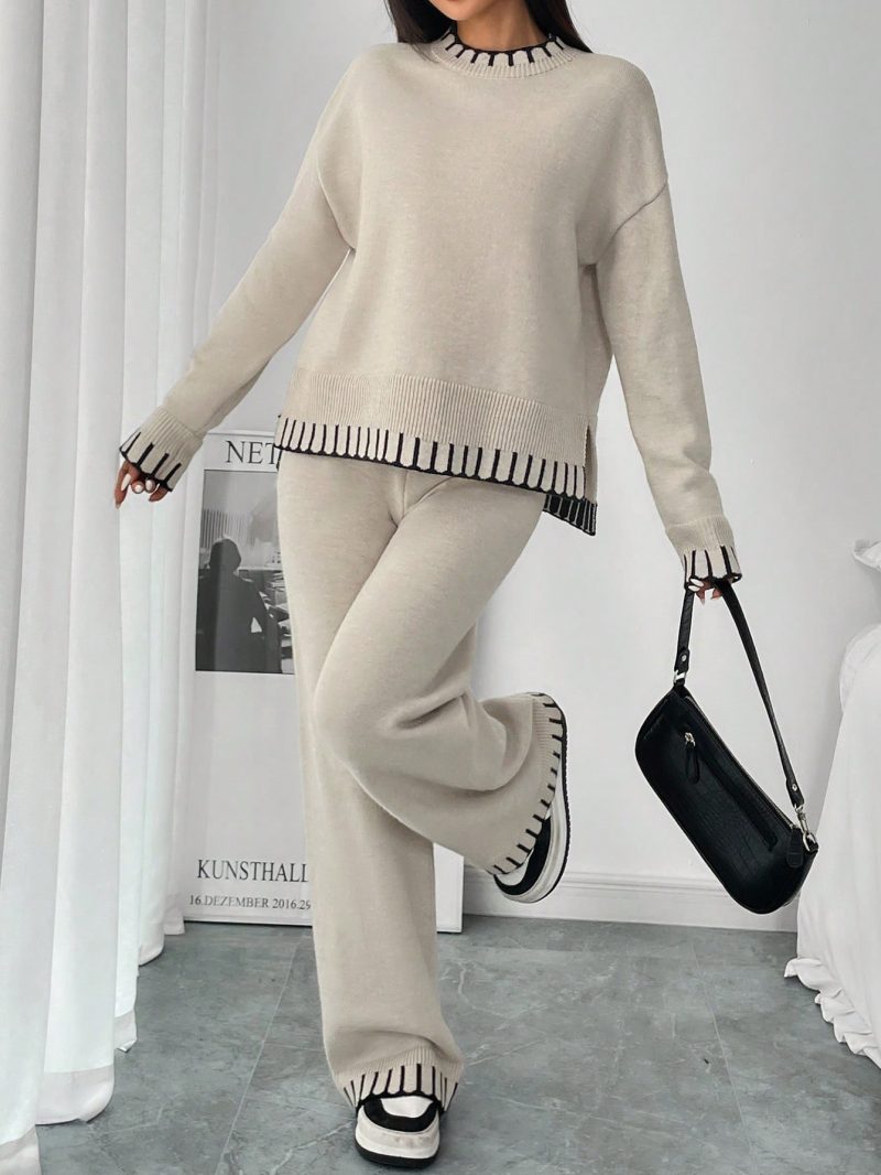 2pcs Women Casual Decorative Jacquard Loose Crew Neck Sweater And Pants Set, Autumn/Winter