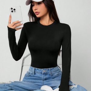 Solid Knit Stretch Fitted Black Bodysuit