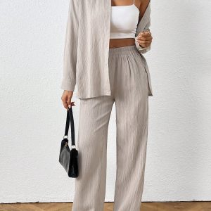 2pcs Women Spring & Autumn Casual Solid Color Long Sleeve Shirt And Pants Set