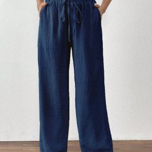 Women's Solid Color Tie Front Pocket Simple Style Long Pants, Casual Everyday Wear