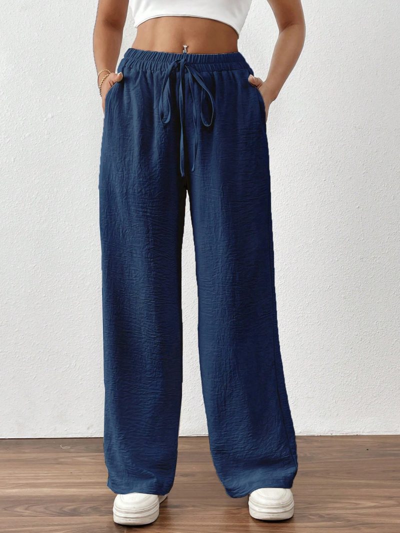 Women's Solid Color Tie Front Pocket Simple Style Long Pants, Casual Everyday Wear