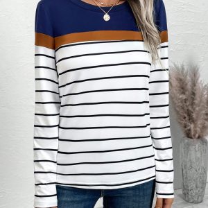 Women Crew Neck Contrast Striped Print Casual Long Sleeve T-Shirt
