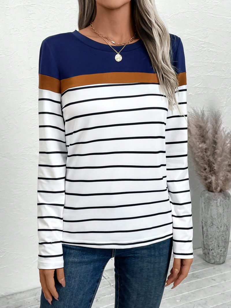 Women Crew Neck Contrast Striped Print Casual Long Sleeve T-Shirt