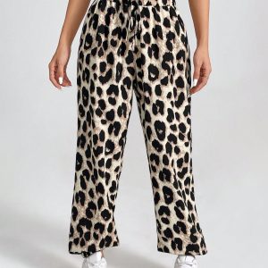 Women's Vintage Leopard Print Elastic Waistband Pants With Ruffled Cuffs For Summer Casual, Holiday
