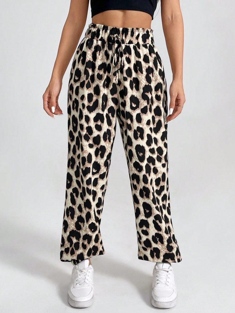 Women's Vintage Leopard Print Elastic Waistband Pants With Ruffled Cuffs For Summer Casual, Holiday