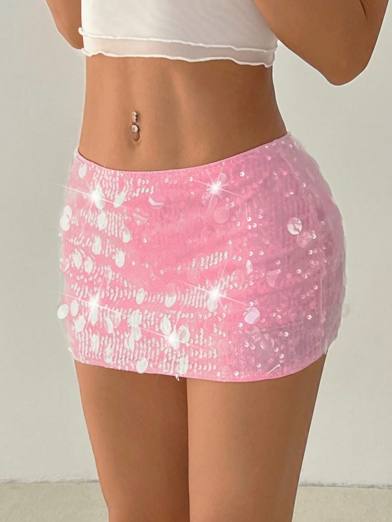 Shiny Pink Sequin Embellished Low Waist Mini Shorts For Young Women, Festival/Street Wear