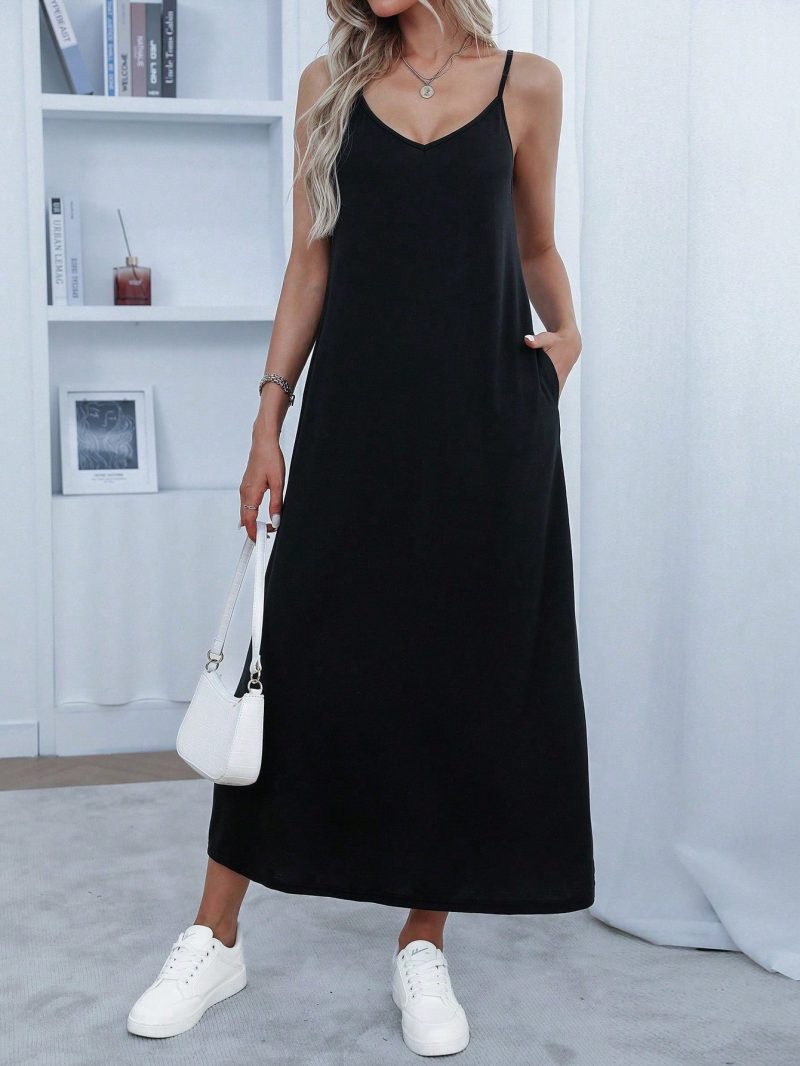 Women's Solid Color Spaghetti Strap Pocket Simple Long Casual Dress