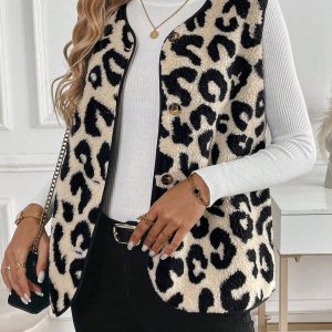 Casual Versatile Leopard Print Lamb Wool Sleeveless Single-Breasted Ladies Jacket, Autumn/Winter