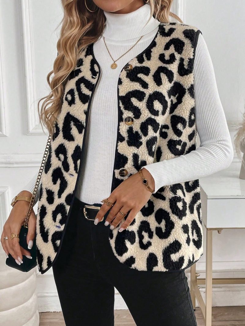Casual Versatile Leopard Print Lamb Wool Sleeveless Single-Breasted Ladies Jacket, Autumn/Winter