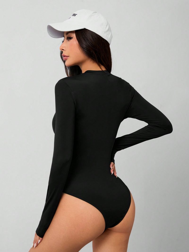 Solid Knit Stretch Fitted Black Bodysuit