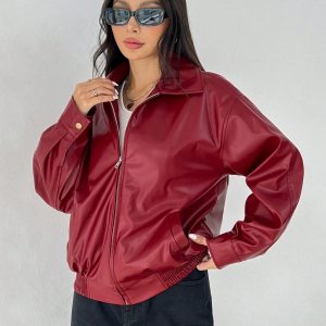 Drop Shoulder Zip Up Black PU Jacket