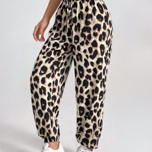 Women's Vintage Leopard Print Elastic Waistband Pants With Ruffled Cuffs For Summer Casual, Holiday