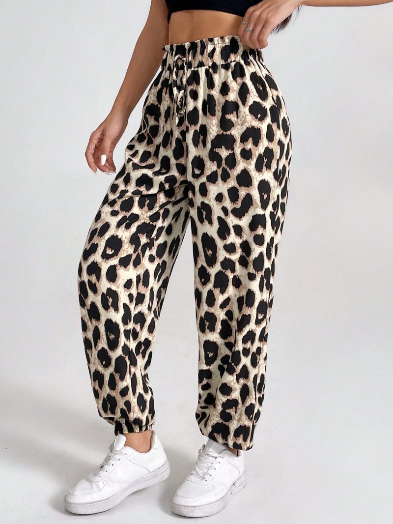 Women's Vintage Leopard Print Elastic Waistband Pants With Ruffled Cuffs For Summer Casual, Holiday