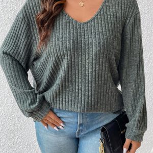 Plus Size Women Casual Solid Ribbed V-Neck Loose T-Shirt