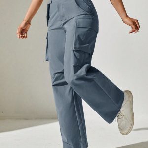 Solid Flap Pocket Cargo Dress Pants Suitable For Daily Outing Sport