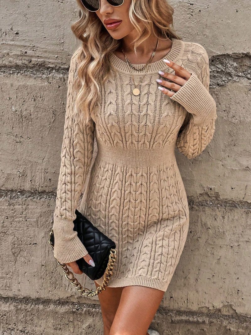 Women Elegant Twisted Knot Textured Crew Neck Sweater Dress