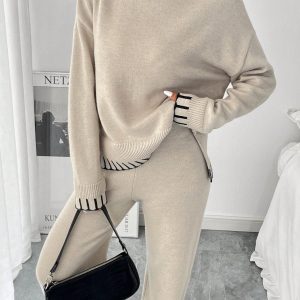 2pcs Women Casual Decorative Jacquard Loose Crew Neck Sweater And Pants Set, Autumn/Winter