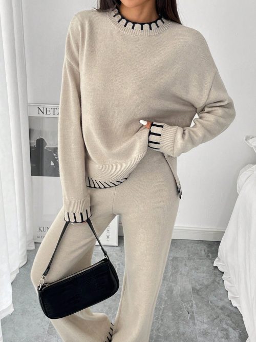 99019037a2baa110a4c874c00c7de446.jpg 2pcs Women Casual Decorative Jacquard Loose Crew Neck Sweater And Pants Set, Autumn/Winter