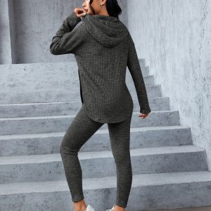 Marled Knit Drop Shoulder Split Hem Drawstring Hoodie & Leggings