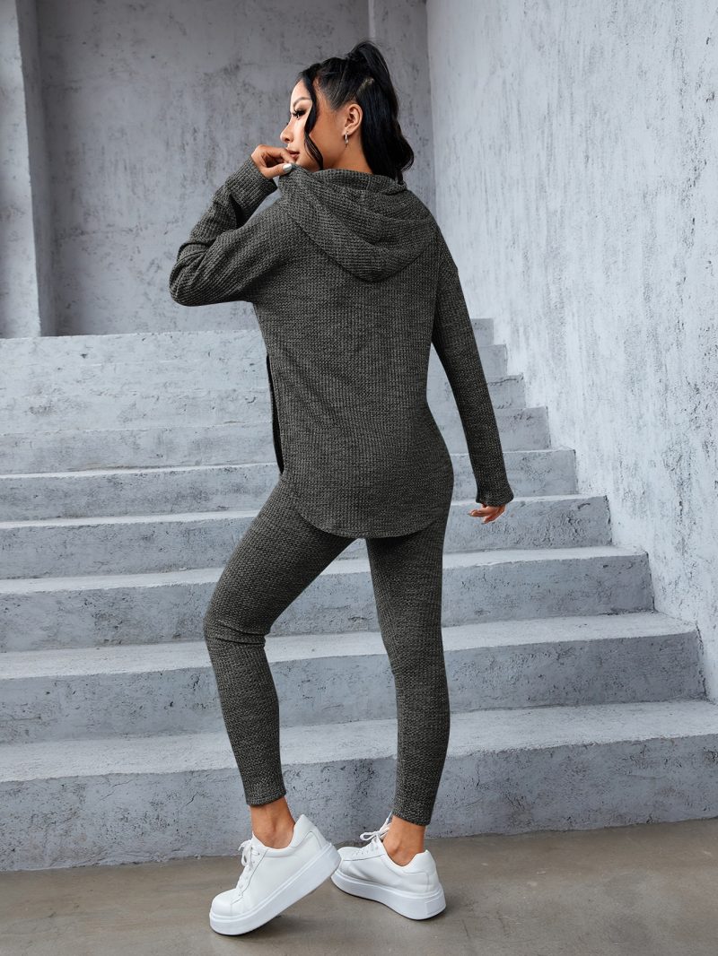 Marled Knit Drop Shoulder Split Hem Drawstring Hoodie & Leggings