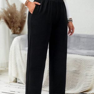 Plus Size Solid Color Elastic Waist Pocket Casual Straight Leg Pants