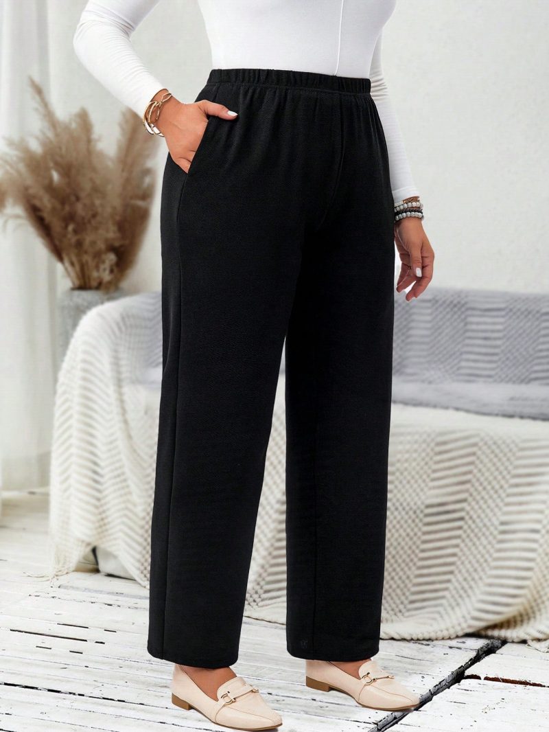 Plus Size Solid Color Elastic Waist Pocket Casual Straight Leg Pants