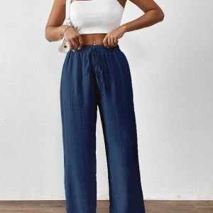 Women's Solid Color Tie Front Pocket Simple Style Long Pants, Casual Everyday Wear