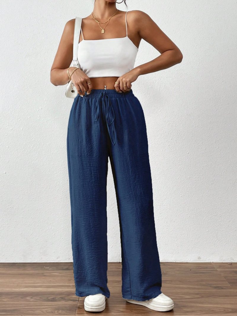 Women's Solid Color Tie Front Pocket Simple Style Long Pants, Casual Everyday Wear