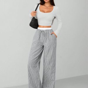 Autumn Blue Striped Contrast Waist Woven Women's Trousers