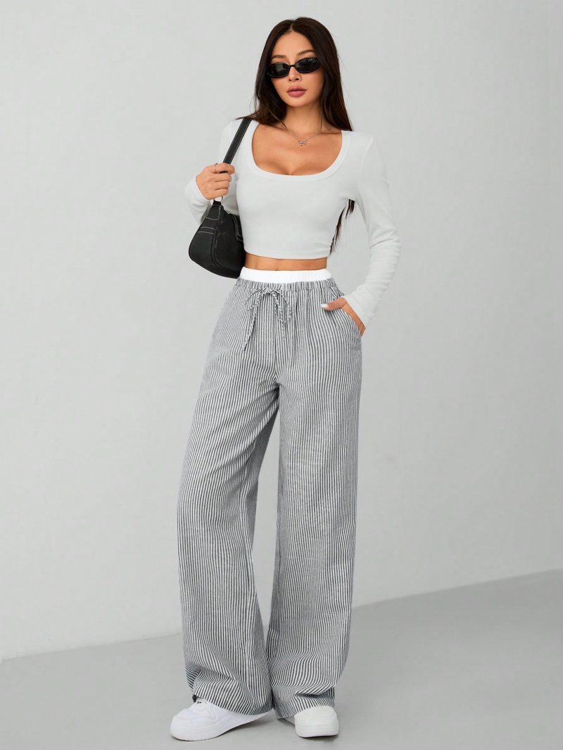 Autumn Blue Striped Contrast Waist Woven Women's Trousers